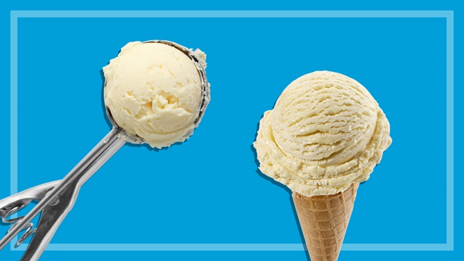 vanilla ice cream cone and ice cream in a scoop